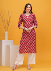 Vibrant Red Block Printed Cotton Kurta Paired with Elegant White Palazzo - A Perfect Ensemble for Chic Ethnic Fashion